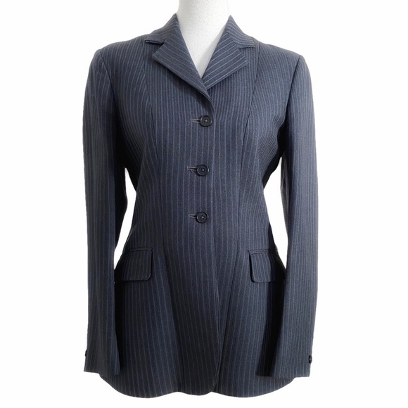 PYTCHLEY VINTAGE WOOL BLEND LONG GREY BLUE STRIPED NOTCHED LAPEL BLAZER - Picture 1 of 10